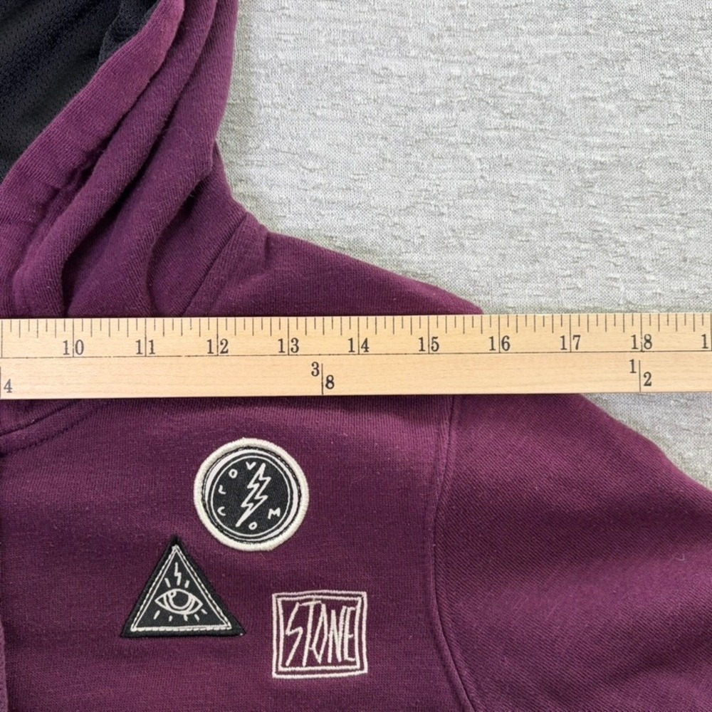 Volcom Women Full Zip Hoodie Small Purple Athletic Varsity Stripes Graphic Patch - Picture 9 of 11